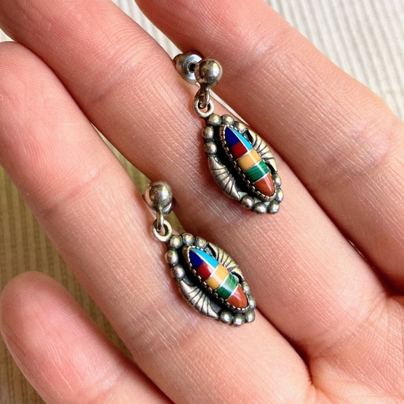 Vintage WM Wheeler Native American Navojo Sterling Silver Inlay Earring - Picture 10 of 13